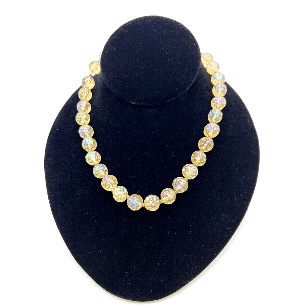 Vtg 1940s Rare Luminous Gold/Yellow Glass Beaded Necklace w/ Gold Brass Fillers